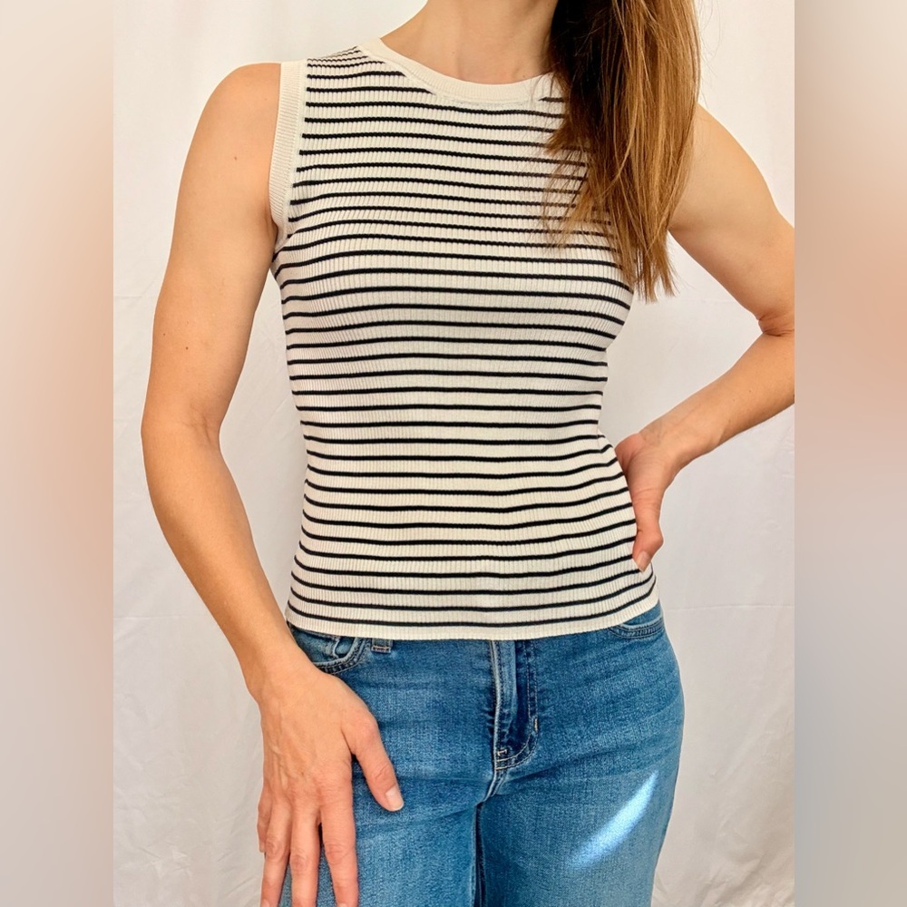 Stretch Knit Black and White Striped Tank Top Fits Like a Petite